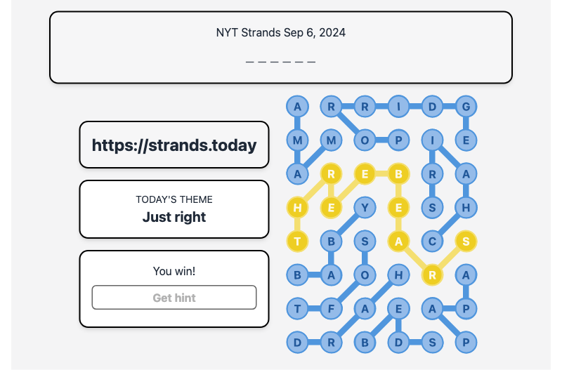 Today's NYT Strands Hint and Answer, Just right, Sep 6