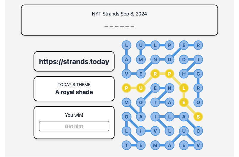 Today's NYT Strands Hint and Answer, A royal shade, Sep 8