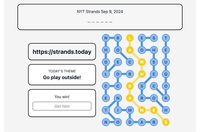 Today's NYT Strands Hint and Answer, Go play outside!, Sep 9