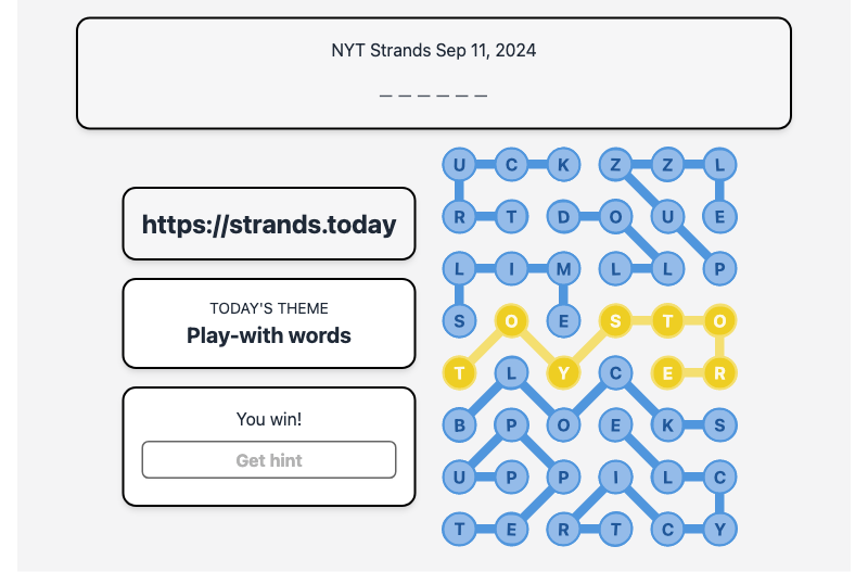 Today's NYT Strands Hint and Answer, Play-with words, Sep 11