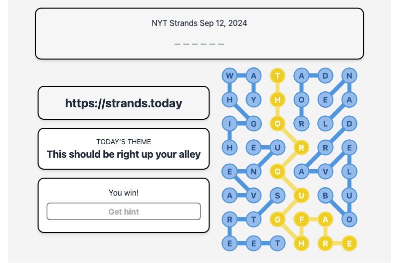 Today's NYT Strands Hint and Answer, This should be right up your alley, Sep 12