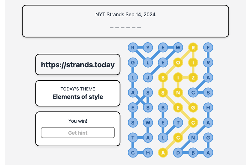 Today's NYT Strands Hint and Answer, Elements of style, Sep 14