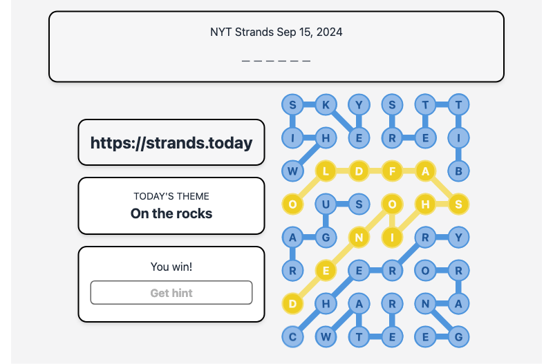 Today's NYT Strands Hint and Answer, On the rocks, Sep 15