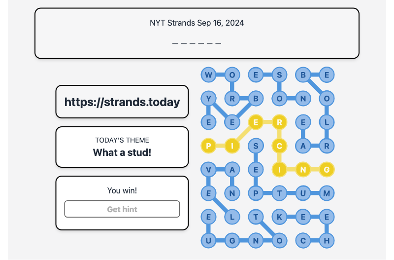 Today's NYT Strands Hint and Answer, What a stud!, Sep 16