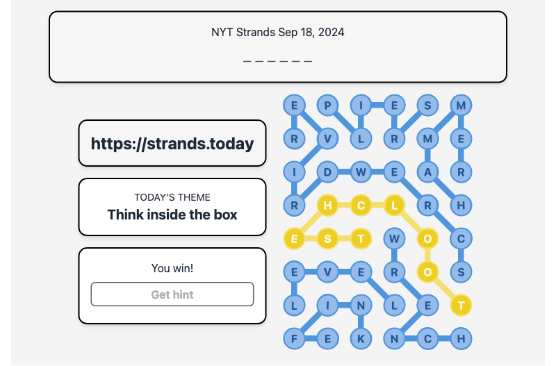 Today's NYT Strands Hint and Answer, Think inside the box, Sep 18