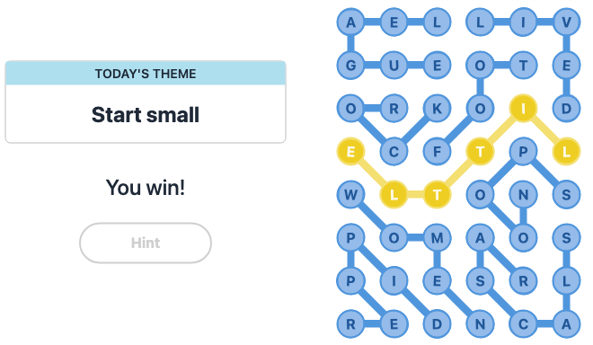 Today's NYT Strands Hint and Answer, Start small, Nov 24