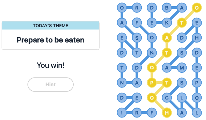 Today's NYT Strands Hint and Answer, Prepare to be eaten, Dec 7