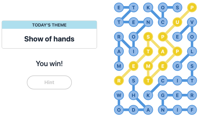 Today's NYT Strands Hint and Answer, Show of hands, Jan 29
