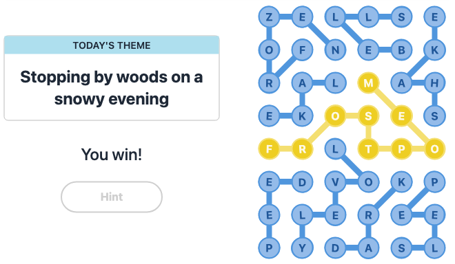 Today's NYT Strands Hint and Answer, Stopping by woods on a snowy evening, Jan 30