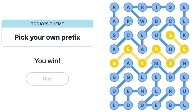 Today's NYT Strands Hint and Answer, Pick your own prefix, Feb 19