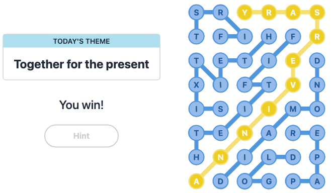 Today's NYT Strands Hint and Answer, Together for the present, Feb 20
